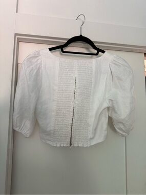 Women’s White Linen Smocked Puff-Sleeve Crop Top + skirt
